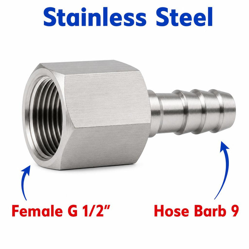 BSP G 1/2 inch Female to BARB OD 9mm / 0.32 inch Stainless Steel 304 Sensor Adaptor Fittings Conversion