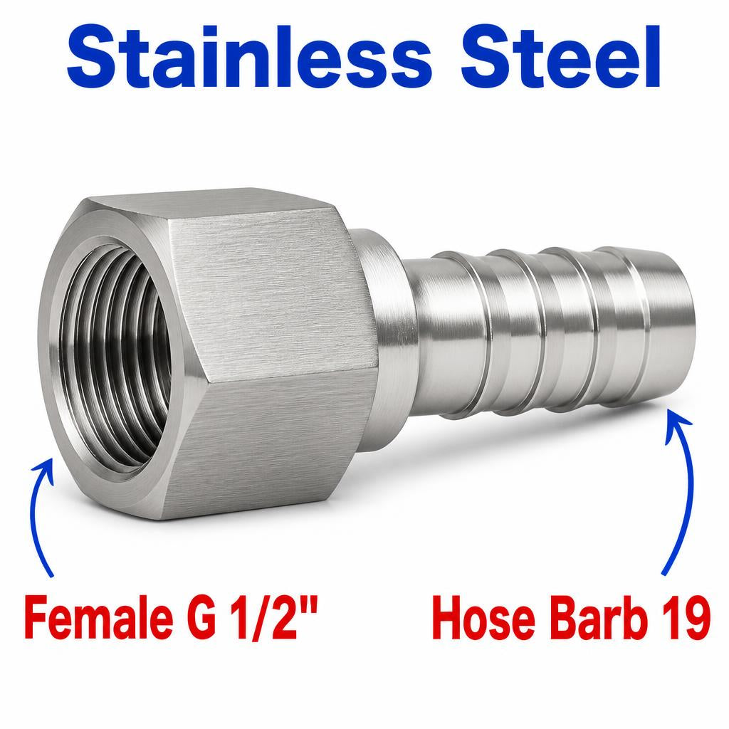BSP G 1/2 inch Female to BARB OD 19mm / 0.76 inch Stainless Steel 304 Sensor Adaptor Fittings Conversion