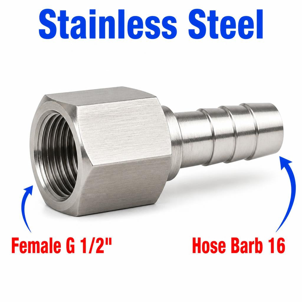 Stainless steel BSP G 1/2 inch female to 16mm barb sensor adaptor fitting from MC Motoparts, for conversion and plumbing applications.