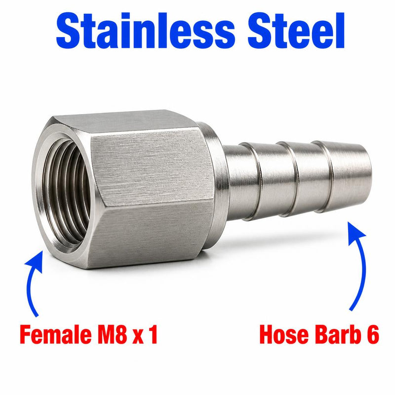 M8x1 female to 6mm barb stainless steel 304 sensor adaptor fitting for hydraulic or fuel line conversion.