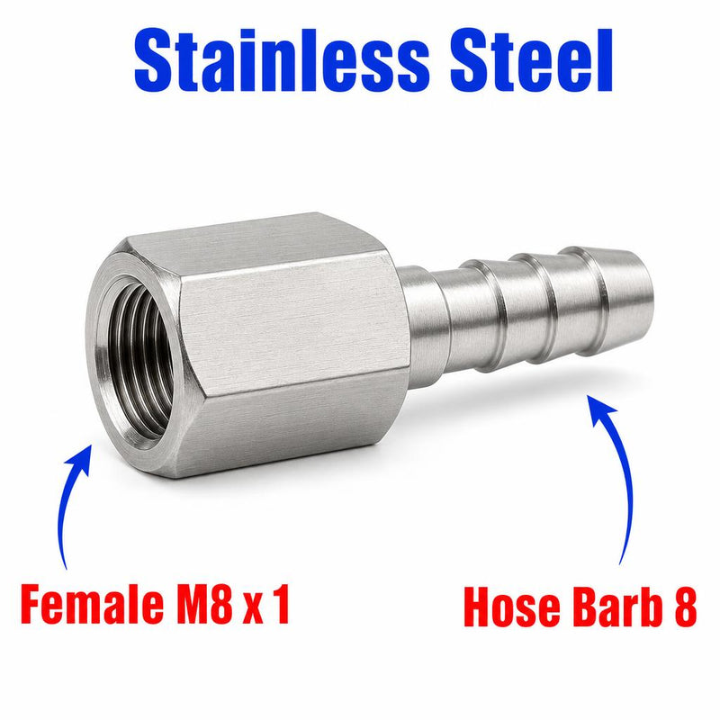 Stainless steel M8x1 female to BARB OD 8mm sensor adaptor fitting for conversion, designed for automotive applications.
