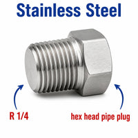 Stainless steel BSPT tapered 1/4 inch hex head pipe plug for APS adaptor fittings, threaded block-off cap by MC Motoparts.