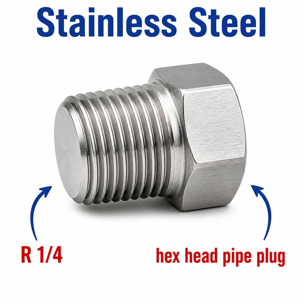 Stainless steel BSPT tapered 1/4 inch hex head pipe plug for APS adaptor fittings, threaded block-off cap by MC Motoparts.