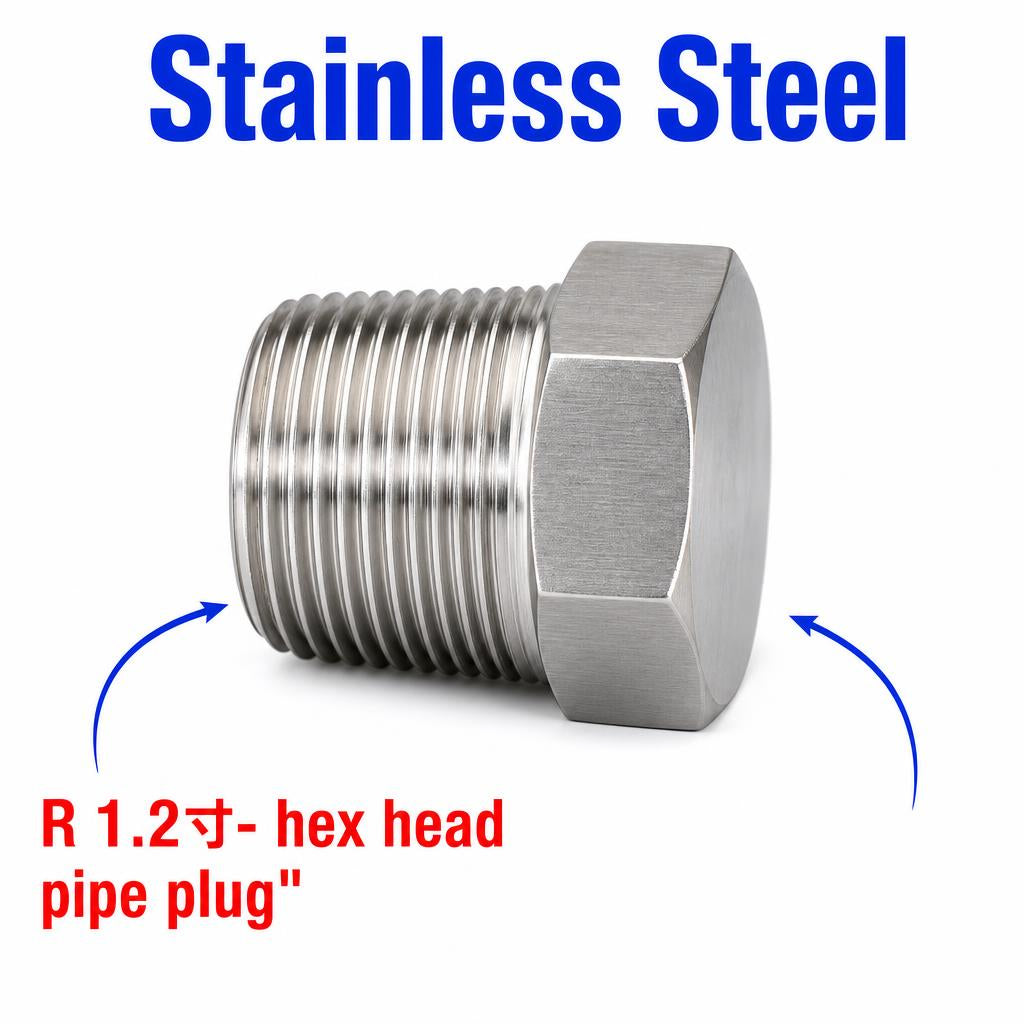Stainless steel BSPT tapered 1.2-inch hex head pipe plug, threaded fitting block off cap by MC Motoparts for APS adaptor conversions