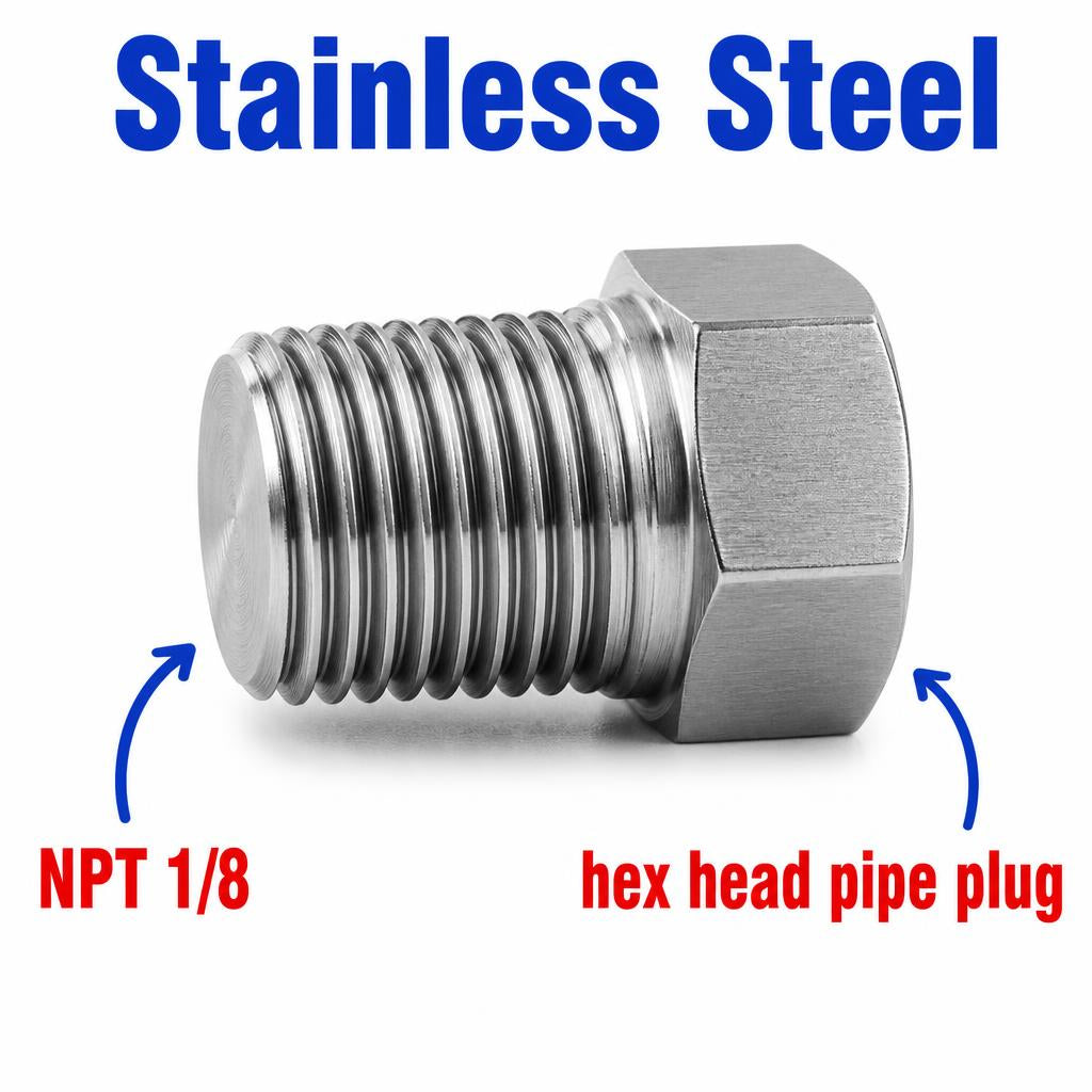Stainless steel 1/8 inch NPT hex head pipe plug, threaded fitting block off cap, used for APS adaptor fittings by MC Motoparts