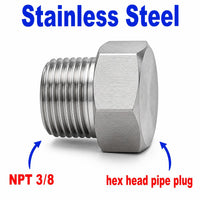 Stainless steel 3/8 inch NPT hex head pipe plug for threaded fitting block off cap, used in APS adaptor fittings by MC Motoparts.