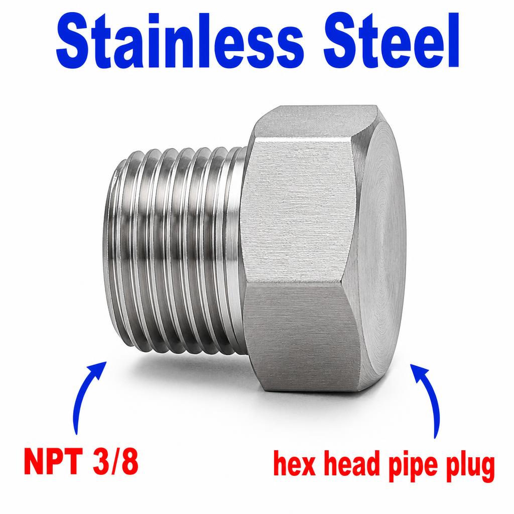 Stainless steel 3/8 inch NPT hex head pipe plug for threaded fitting block off cap, used in APS adaptor fittings by MC Motoparts.