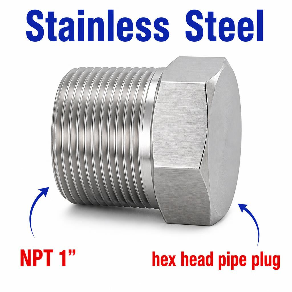 Stainless steel 1-inch NPT hex head pipe plug with threaded fitting for APS conversion by MC Motoparts.