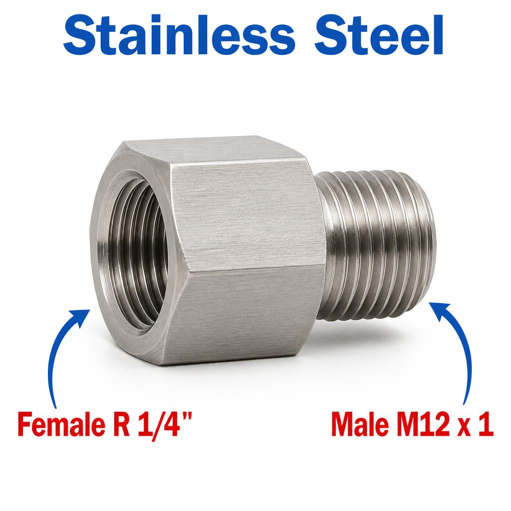 Stainless steel BSPT tapered R 1/4 inch female to M12x1 male sensor adaptor fitting for conversion.