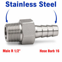 Stainless steel MC Motoparts BSPT tapered R 1/2 inch male to 16mm barb sensor adaptor fitting for conversion applications.