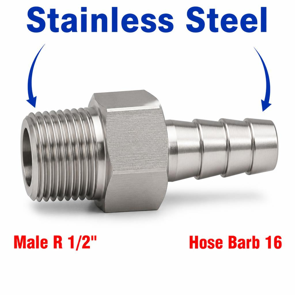 Stainless steel MC Motoparts BSPT tapered R 1/2 inch male to 16mm barb sensor adaptor fitting for conversion applications.
