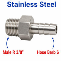 Stainless steel MC Motoparts APS adaptor fitting, 3/8 inch BSPT male to 6mm barb OD sensor conversion fitting.