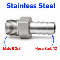 Stainless steel MC Motoparts BSPT tapered 3/8 inch male to 12mm barb sensor adapter fitting for conversion applications.