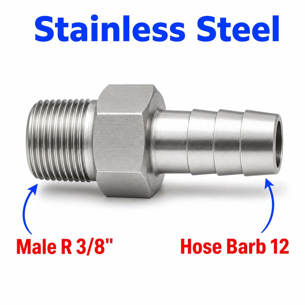 Stainless steel MC Motoparts BSPT tapered 3/8 inch male to 12mm barb sensor adapter fitting for conversion applications.