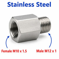 Stainless steel MC Motoparts M10x1.5 female to M12x1 male sensor adaptor fitting for conversion, showing threaded ends and smooth finish.