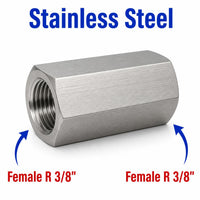 Stainless steel MC Motoparts BSPT Tapered R 3/8 inch female sensor adaptor fitting for conversion, shown in close-up view.