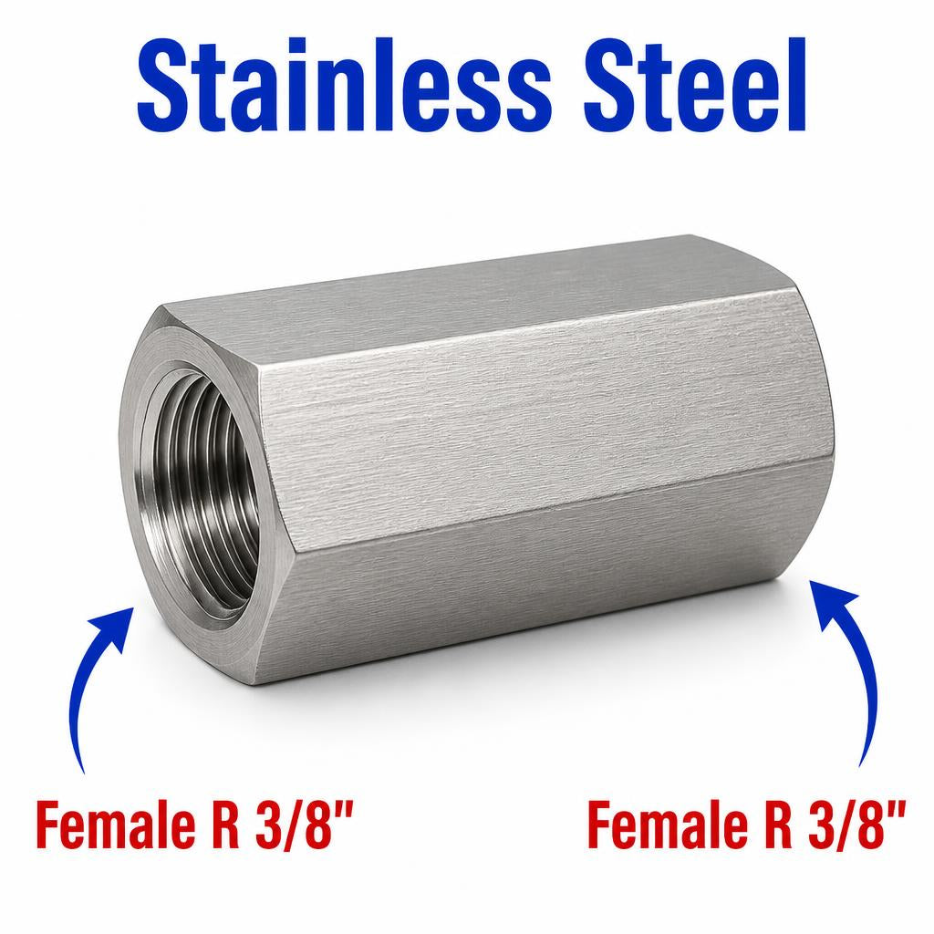Stainless steel MC Motoparts BSPT Tapered R 3/8 inch female sensor adaptor fitting for conversion, shown in close-up view.