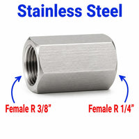 Stainless steel MC Motoparts BSPT tapered female adapter fitting, 3/8 inch to 1/4 inch for sensor conversion, durable and precise.