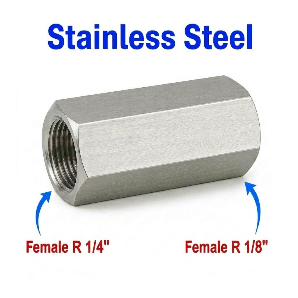 Stainless steel MC Motoparts BSPT tapered sensor adaptor fitting, 1/4 inch female to 1/8 inch female conversion, for plumbing or sensors.