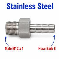 M12x1 Male to BARB OD 8mm / 0.32 inch Stainless Steel 304 Sensor Adaptor Fittings Conversion