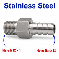 M12x1 Male to BARB OD 12mm / 0.48 inch Stainless Steel 304 Sensor Adaptor Fittings Conversion