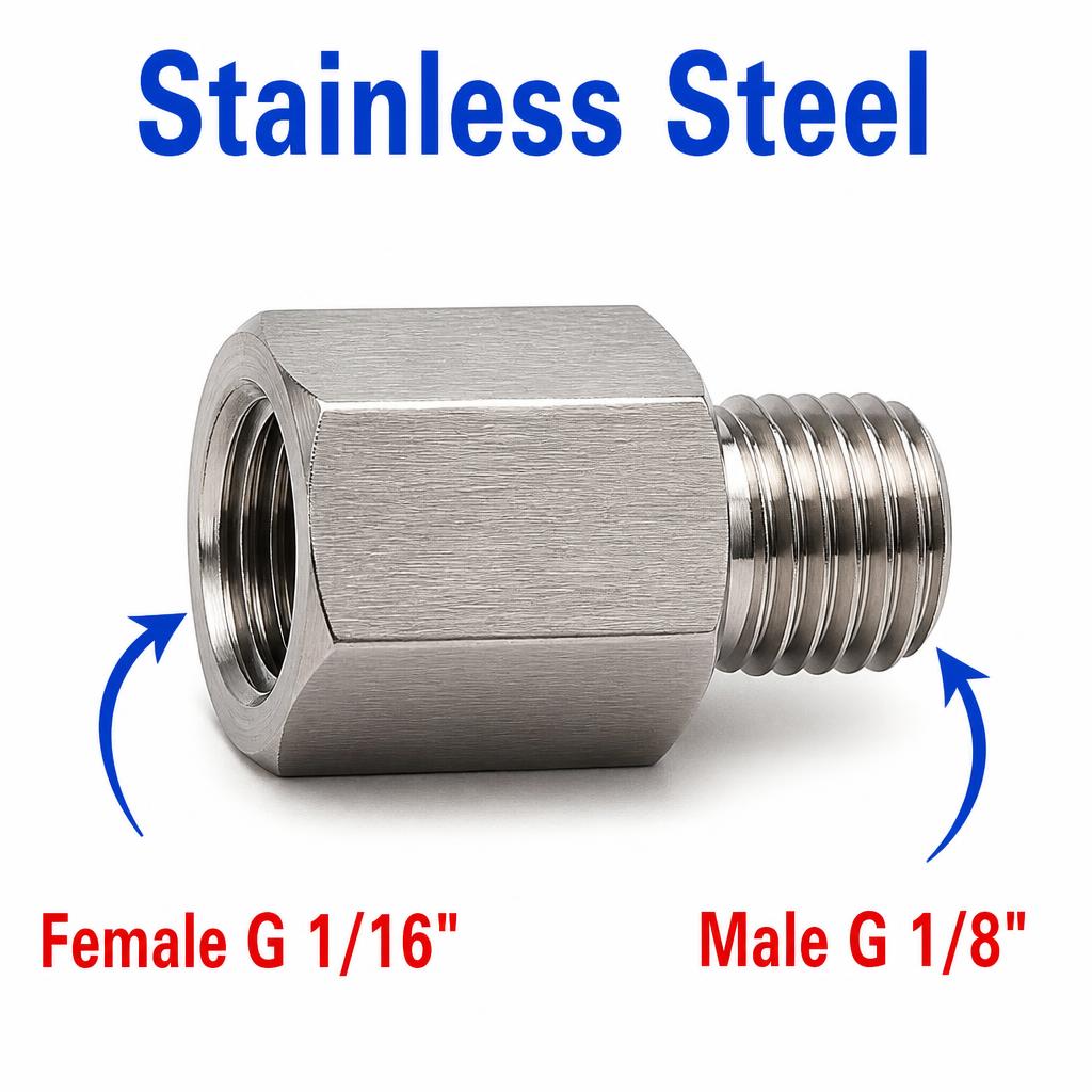 BSP G 1/16 inch Female to BSP G 1/8 inch Male Stainless Steel 304 Sensor Adaptor Fittings Conversion