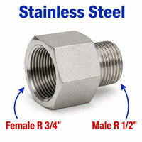 Stainless steel MC Motoparts BSPT Tapered R sensor adaptor fitting, 3/4 inch female to 1/2 inch male conversion for plumbing or automotive use