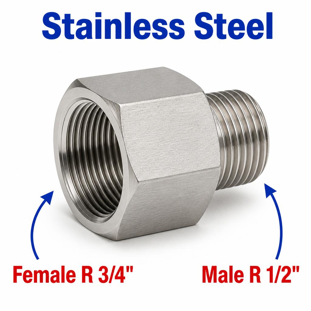 Stainless steel MC Motoparts BSPT Tapered R sensor adaptor fitting, 3/4 inch female to 1/2 inch male conversion for plumbing or automotive use