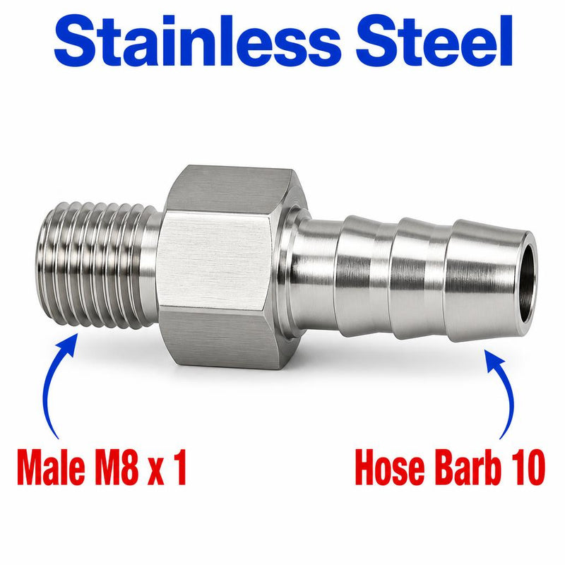 Stainless steel M8x1 male to 10mm barb sensor adaptor fitting for conversion, designed by MC Motoparts.