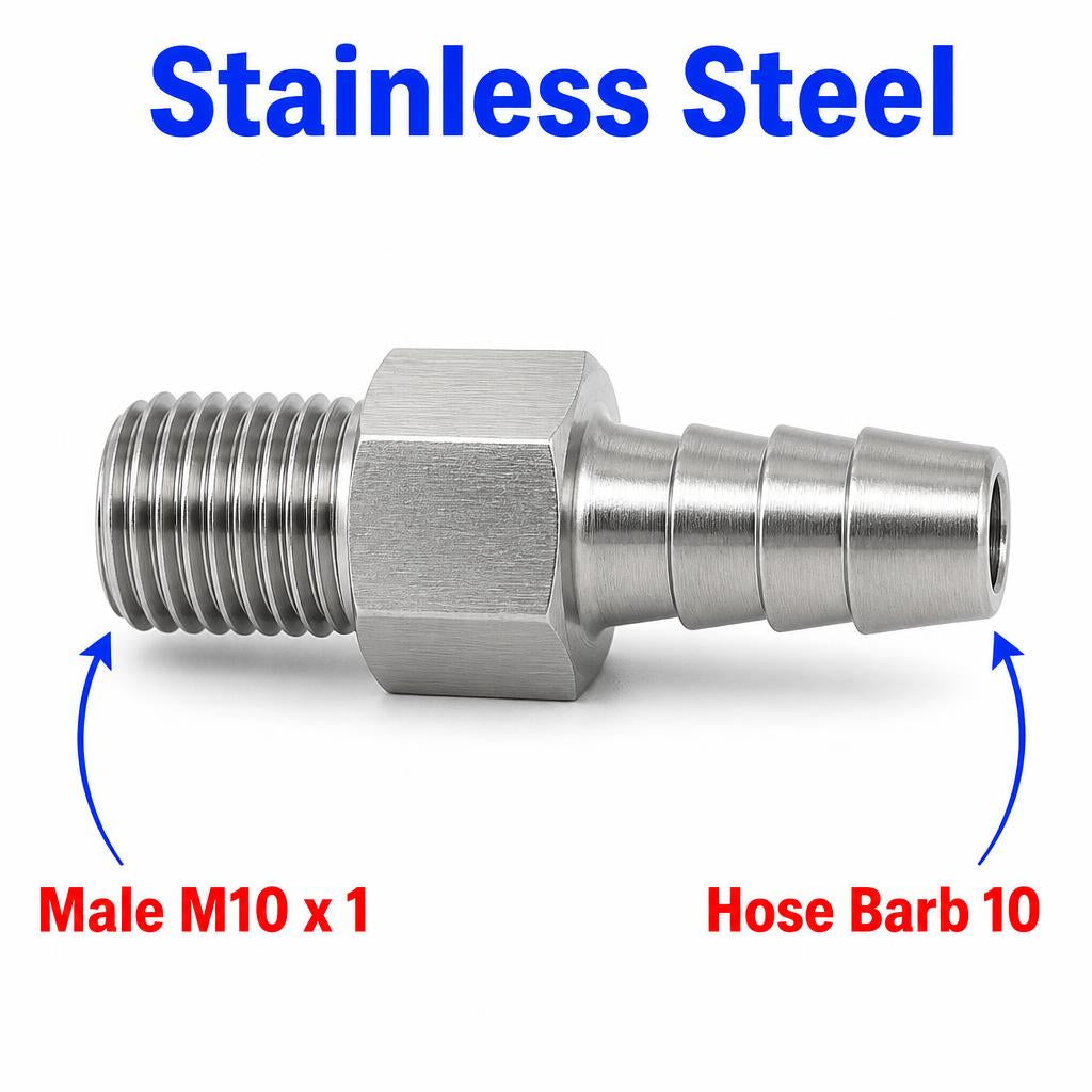 M10x1 Male to BARB OD 10mm / 0.4 inch Stainless Steel 304 Sensor Adaptor Fittings Conversion