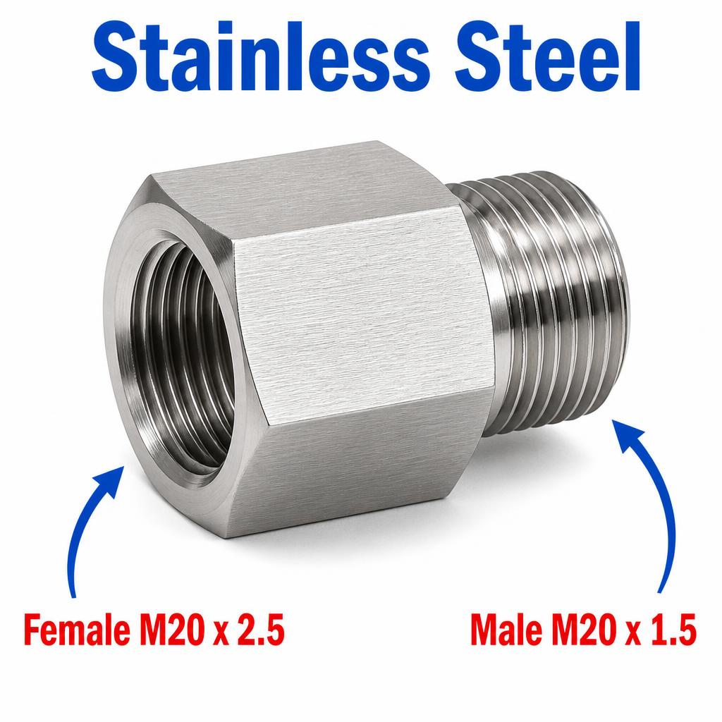Stainless steel M20x2.5 female to M20x1.5 male sensor adaptor fitting, APS conversion fitting for MC Motoparts.