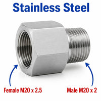Stainless steel M20x2.5 female to M20x2 male sensor adaptor fitting, APS conversion by MC Motoparts, durable metal construction.