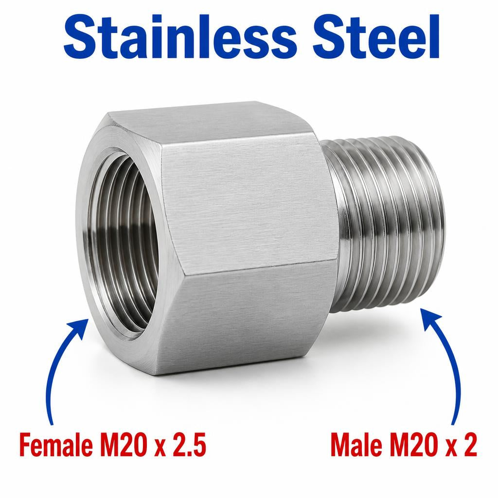 Stainless steel M20x2.5 female to M20x2 male sensor adaptor fitting, APS conversion by MC Motoparts, durable metal construction.