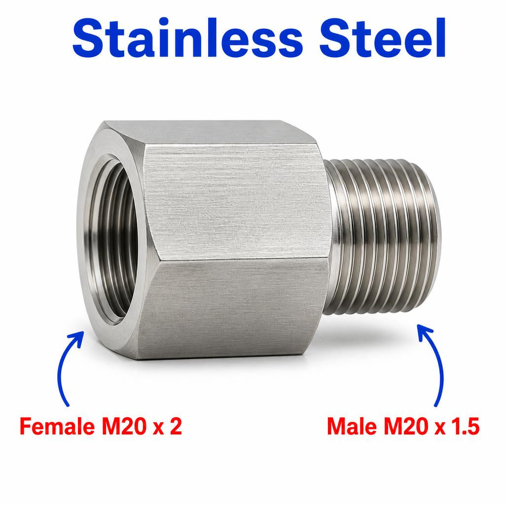 Stainless steel M20x2 female to M20x1.5 male sensor adaptor fitting for conversion, made by MC Motoparts, shown on a white background.
