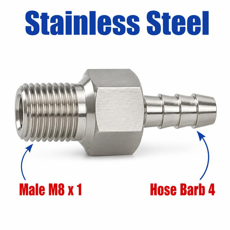 Stainless steel M8x1 male to 4mm barb sensor adapter fitting for conversion, part of MC Motoparts APS adaptor fittings series.