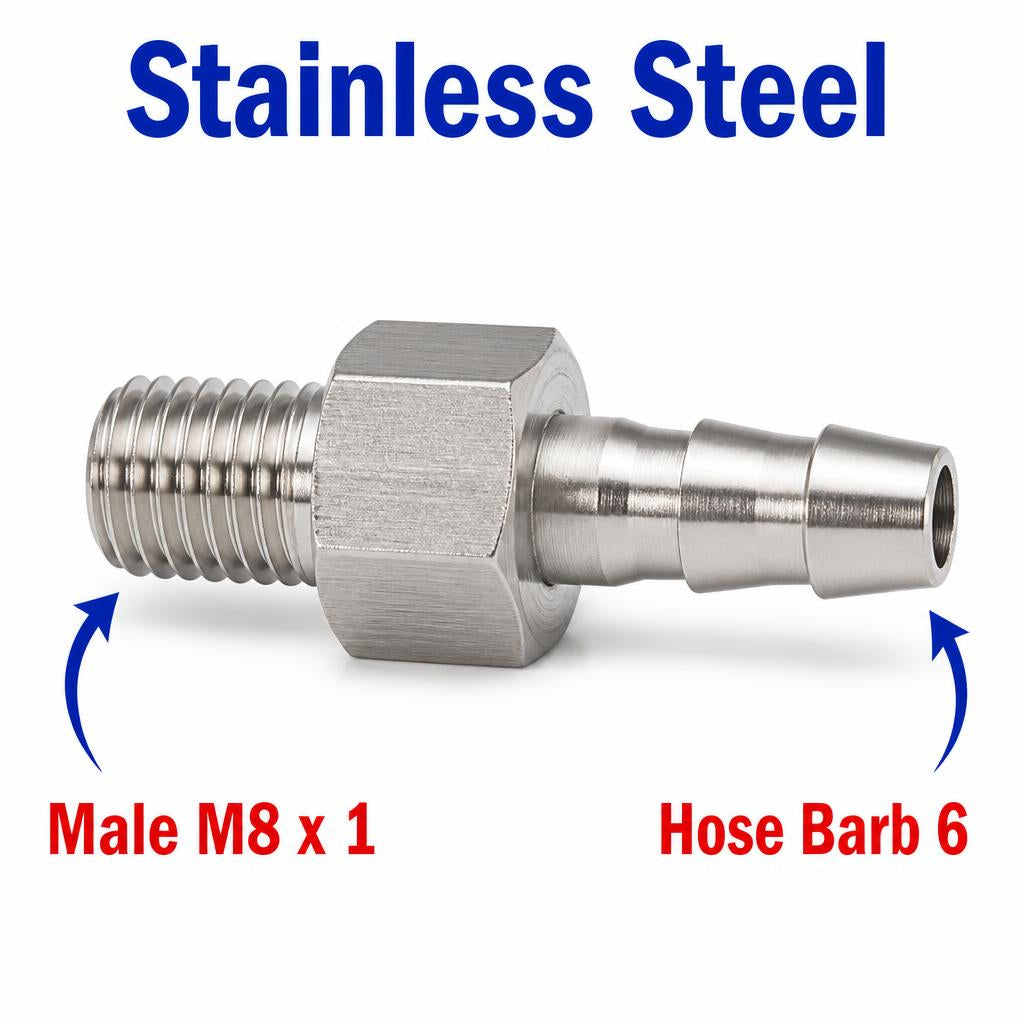 Stainless steel M8x1 male to 6mm barb sensor adaptor fitting for conversion, MC Motoparts APS adaptor fitting series.