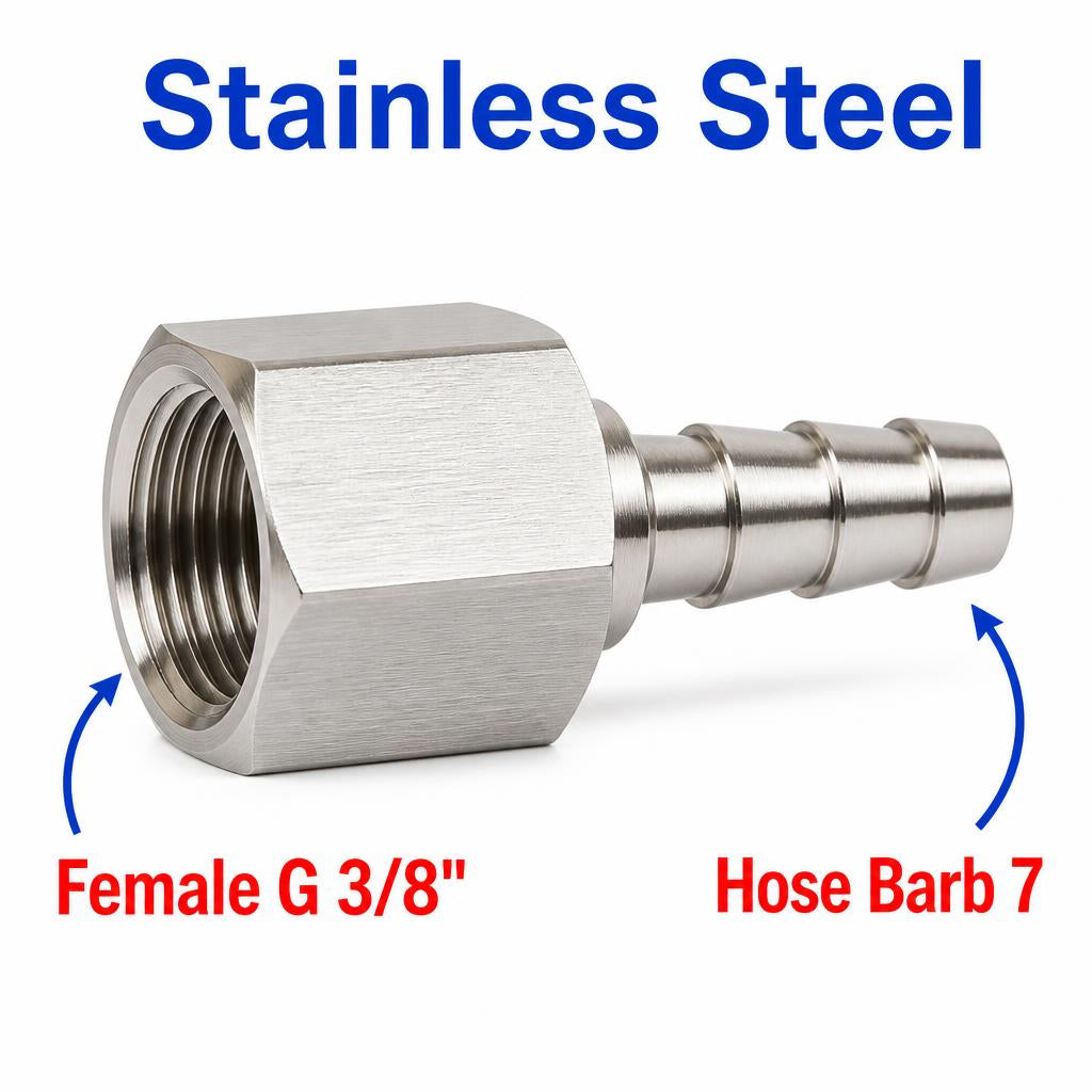 Stainless steel MC Motoparts BSP G 3/8 inch female to 7mm barb sensor adaptor fitting for conversion applications.