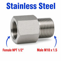 Stainless steel 1/2 inch NPT female to M18x1.5 male sensor adaptor fitting for conversion, shown in close-up image.