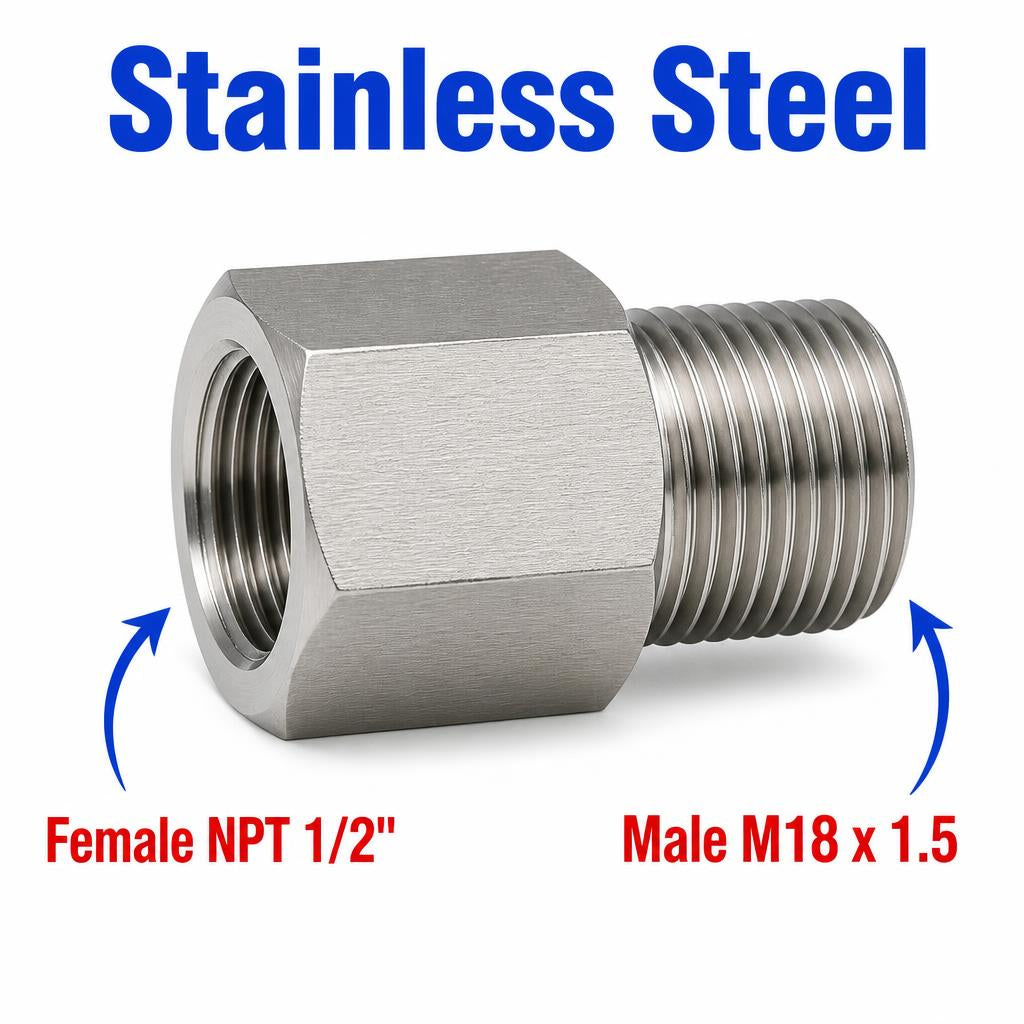Stainless steel 1/2 inch NPT female to M18x1.5 male sensor adaptor fitting for conversion, shown in close-up image.