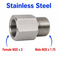 Stainless steel M20x2 female to M20x1.75 male sensor adaptor fitting from MC Motoparts, used for conversion in automotive sensors.