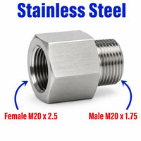 Stainless steel M20x2.5 female to M20x1.75 male sensor adaptor fitting for conversion, shown from angle with threaded ends visible.