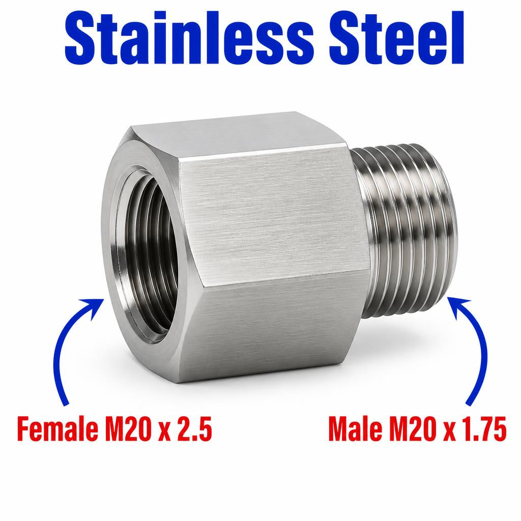 Stainless steel M20x2.5 female to M20x1.75 male sensor adaptor fitting for conversion, shown from angle with threaded ends visible.