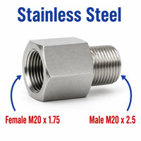 Stainless steel M20x1.75 female to M20x2.5 male sensor adaptor fitting for conversion, by MC Motoparts.