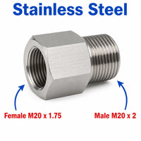 Stainless steel M20x1.75 female to M20x2 male sensor adaptor fitting for conversion, designed by MC Motoparts.