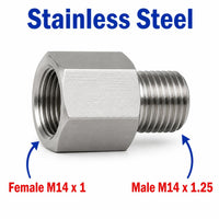 Stainless steel M14x1 female to M14x1.25 male sensor adaptor fitting for automotive use, showing threaded connections and metal construction.