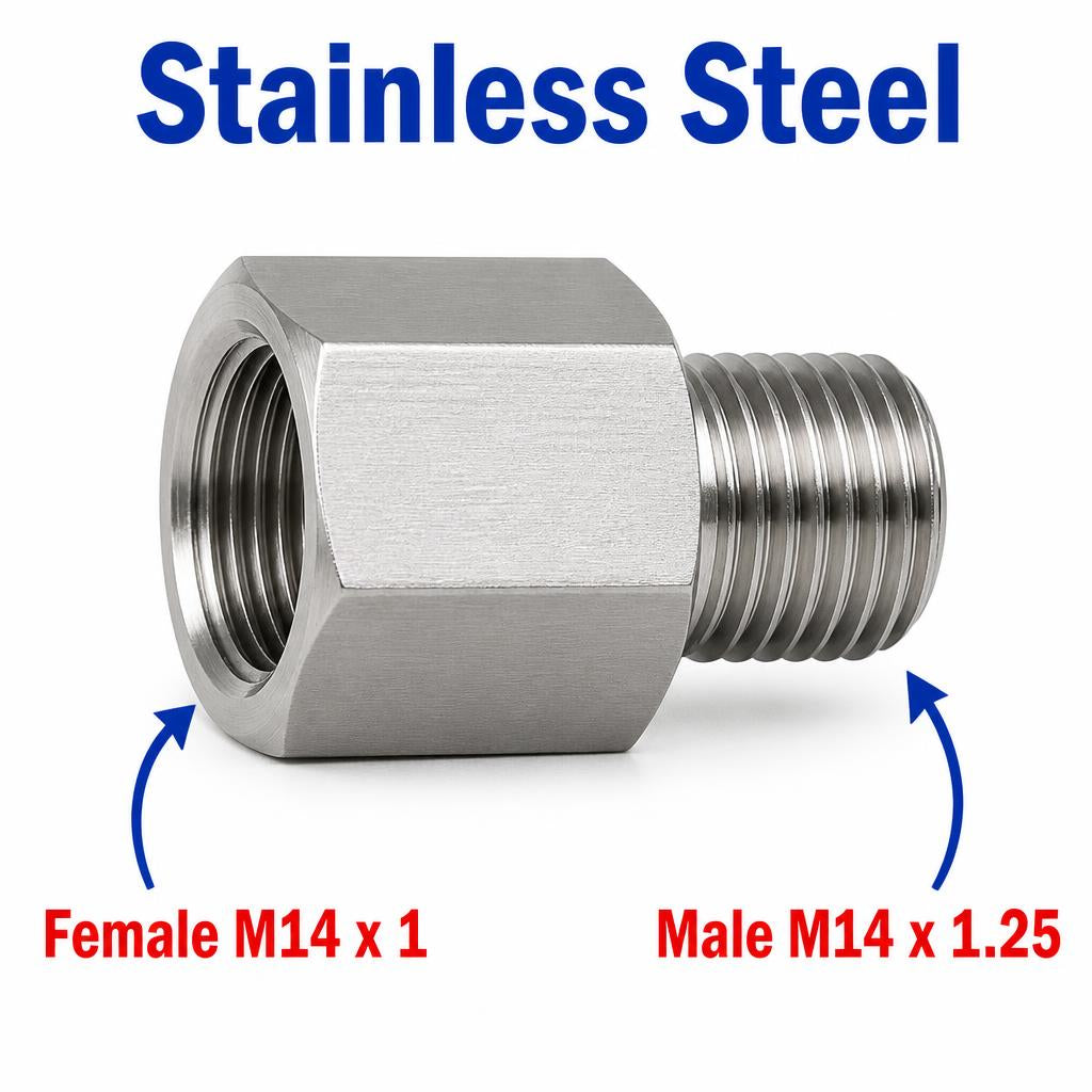 Stainless steel M14x1 female to M14x1.25 male sensor adaptor fitting for automotive use, showing threaded connections and metal construction.