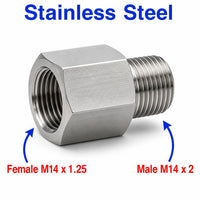 Stainless steel M14x1.25 female to M14x2 male sensor adaptor fitting for automotive conversions, labeled APS adaptor fitting.
