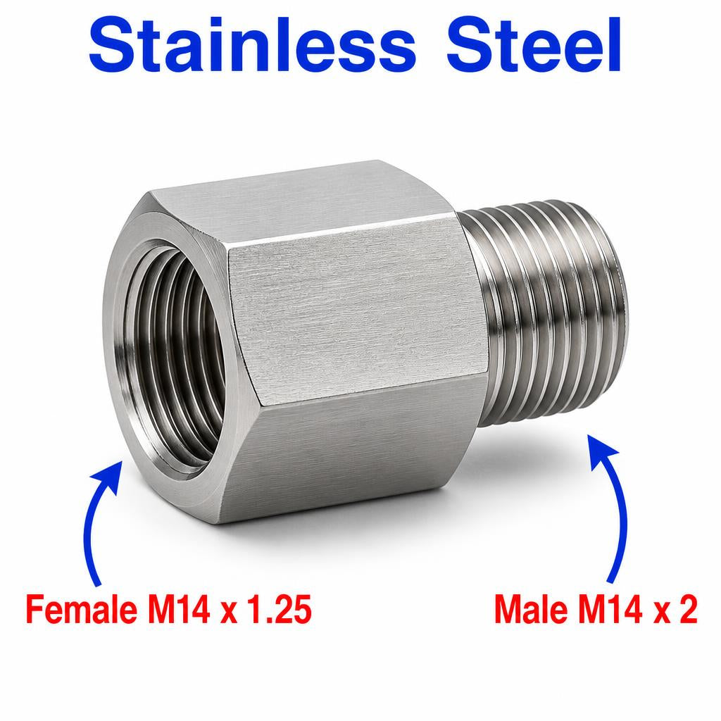Stainless steel M14x1.25 female to M14x2 male sensor adaptor fitting for automotive conversions, labeled APS adaptor fitting.
