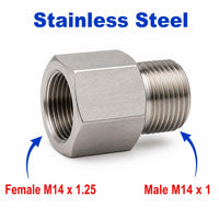 Stainless steel MC Motoparts M14x1.25 female to M14x1 male sensor adaptor fitting, APS conversion fitting, close-up view