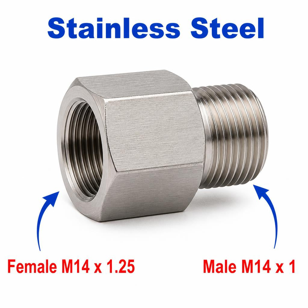Stainless steel MC Motoparts M14x1.25 female to M14x1 male sensor adaptor fitting, APS conversion fitting, close-up view